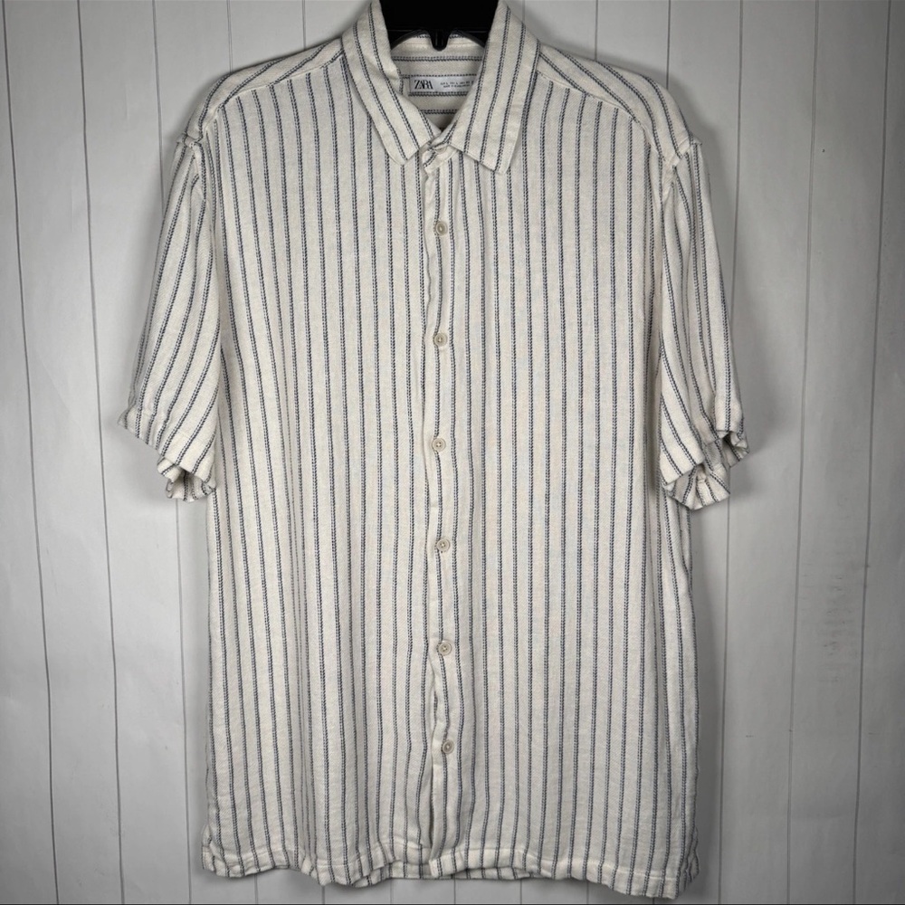 ZARA Large White Striped Linen Blend Button Shirt Coastal Earthy Minimalist Top